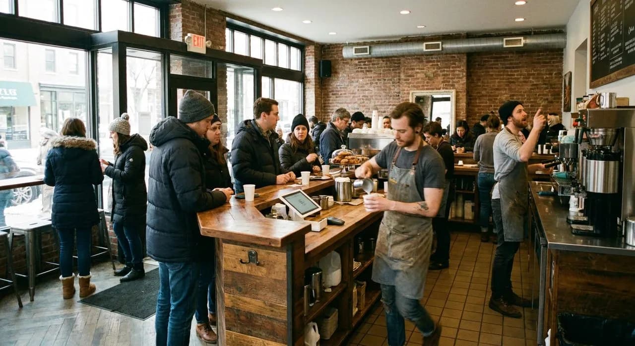 Counter at David's Cafe where the cortadito is poured from a height and the croquetas arrive too hot to eat immediately