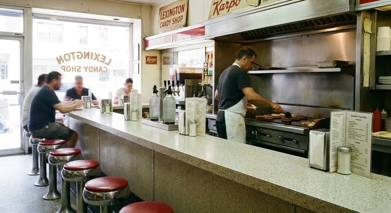 Counter at Lexington Candy Shop where the egg creams are still made with Fox's U-Bet