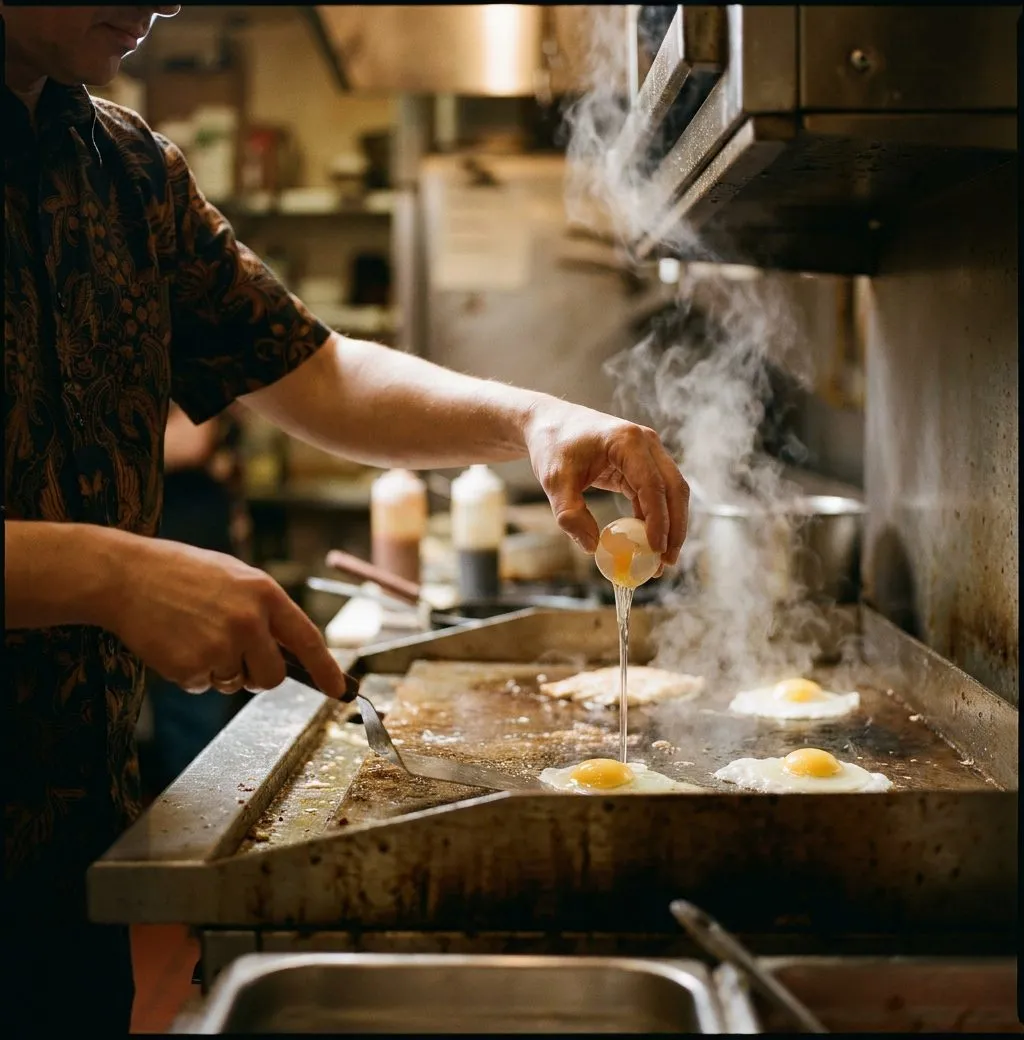 Counter at Tom's Restaurant where the griddle faces the stools and eggs cook to order in Prospect Heights