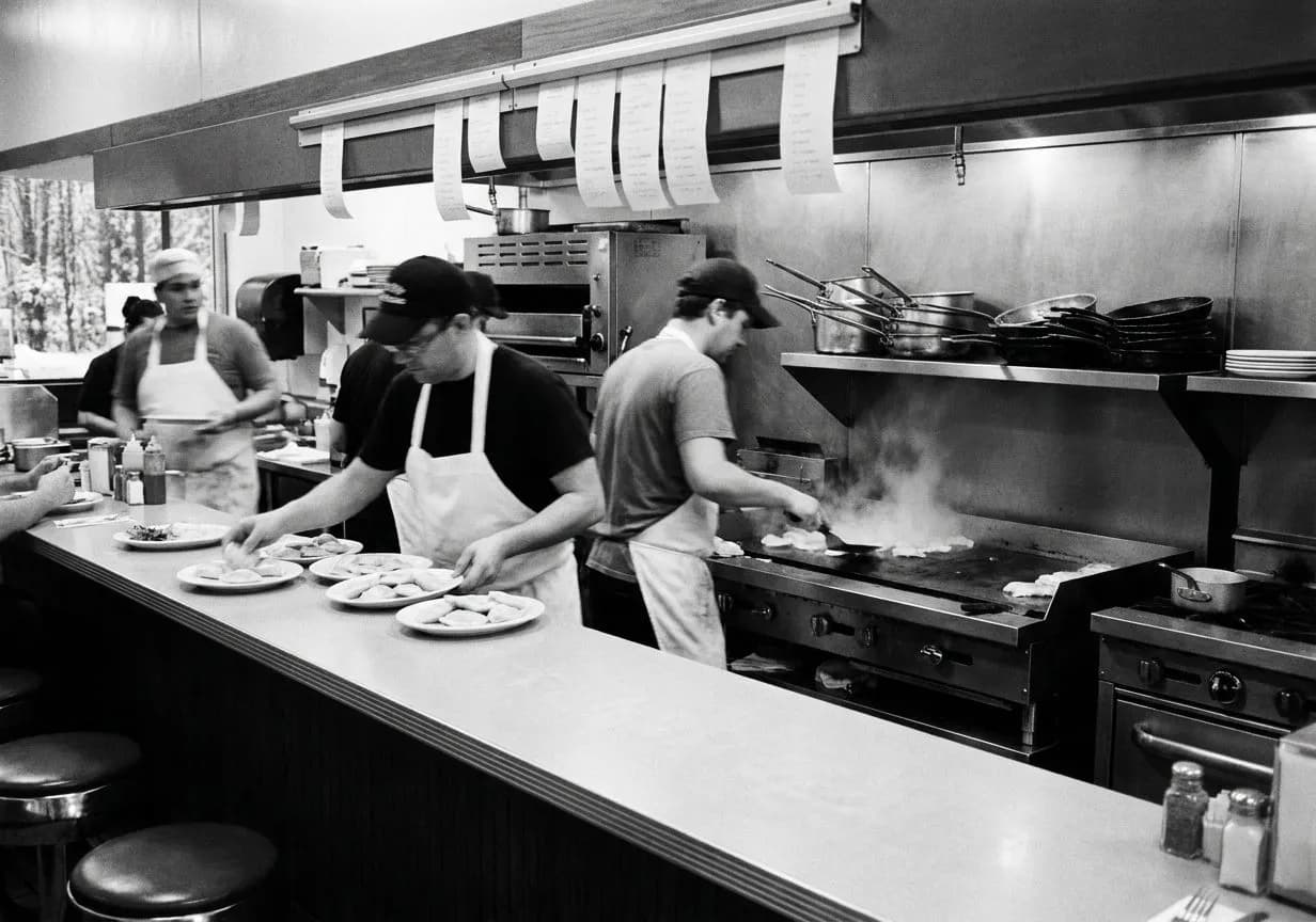 Counter stools at Veselka where the pierogi order hasn't changed since 1954