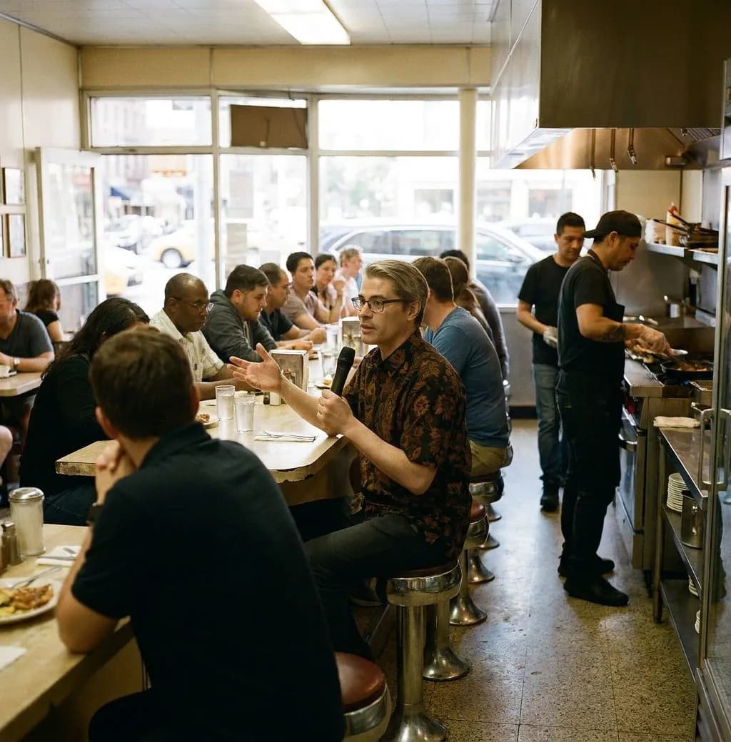 Counter stools at Veselka where the pierogi order hasn't changed since 1954