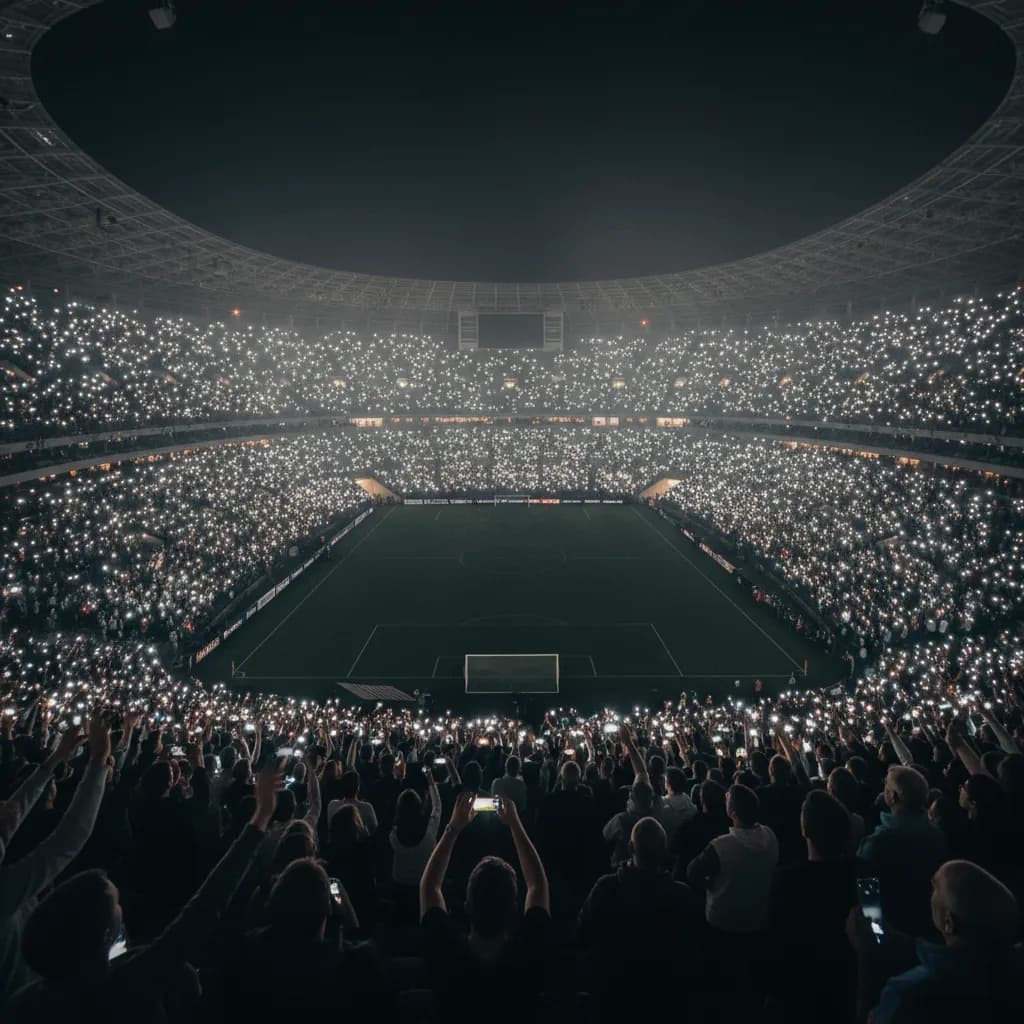 A stadium full of fans holding phone flashlights creating a sea of tiny white lights at night