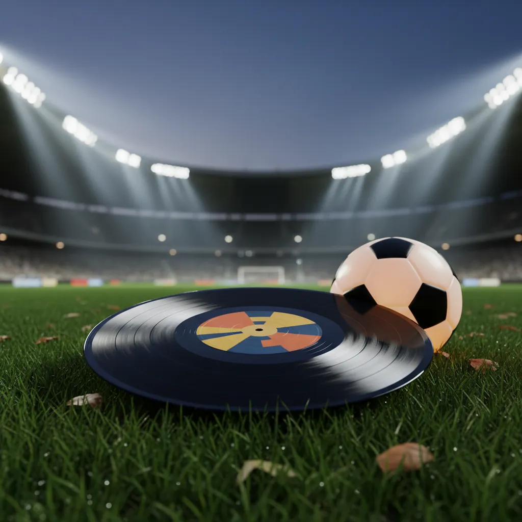 An acoustic guitar leans against a stadium seat with a soccer scarf draped over the neck