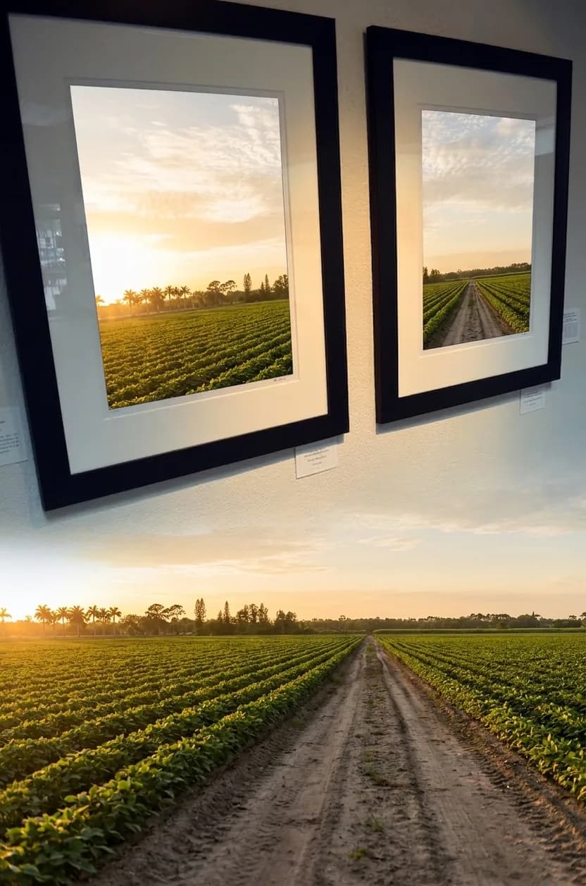 A flat South Florida farm landscape with a dirt track at golden hour
