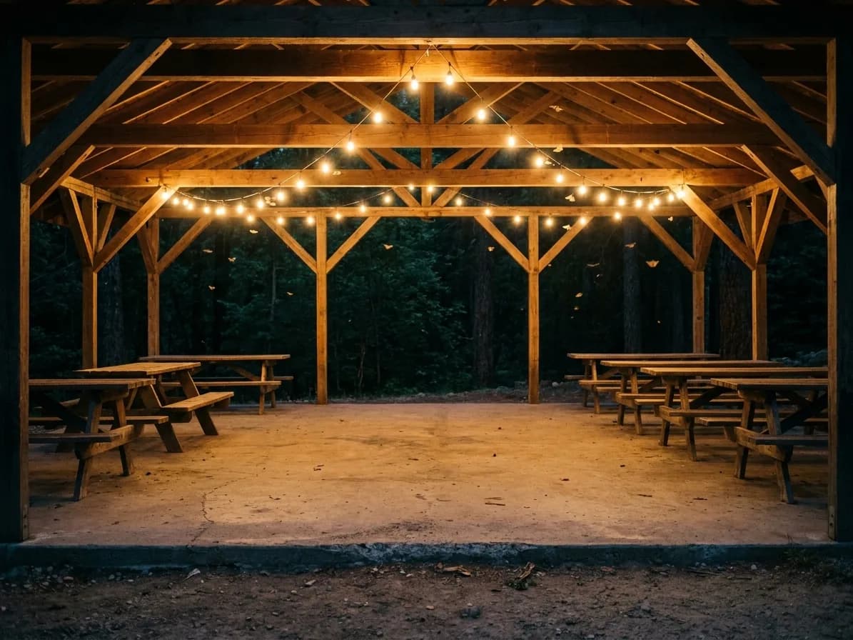 An open-sided timber pavilion strung with warm bulbs over a dance floor