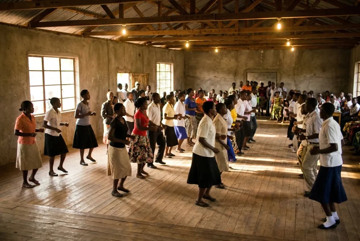 Rows of people line dancing in unison on a wooden floor in an old hall