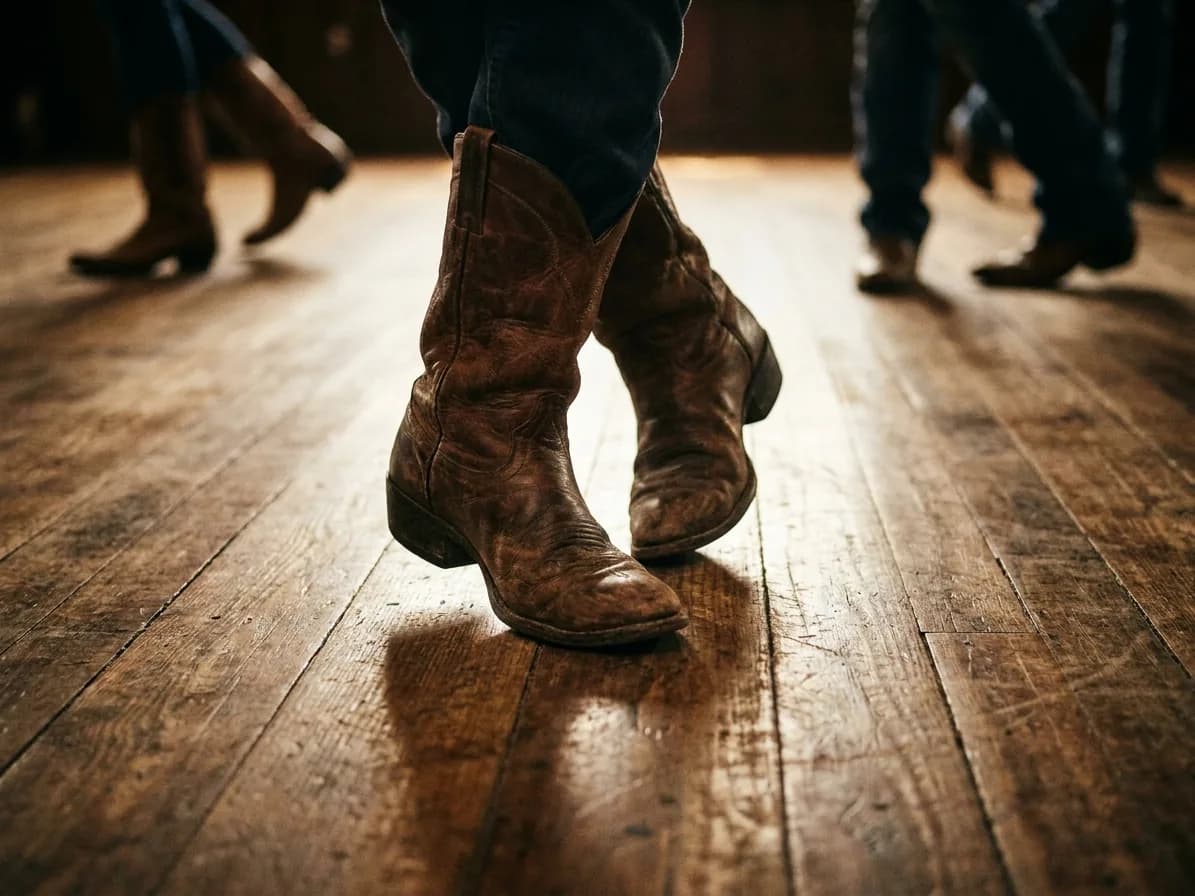 Worn cowboy boots mid-step on a scuffed wooden dance floor