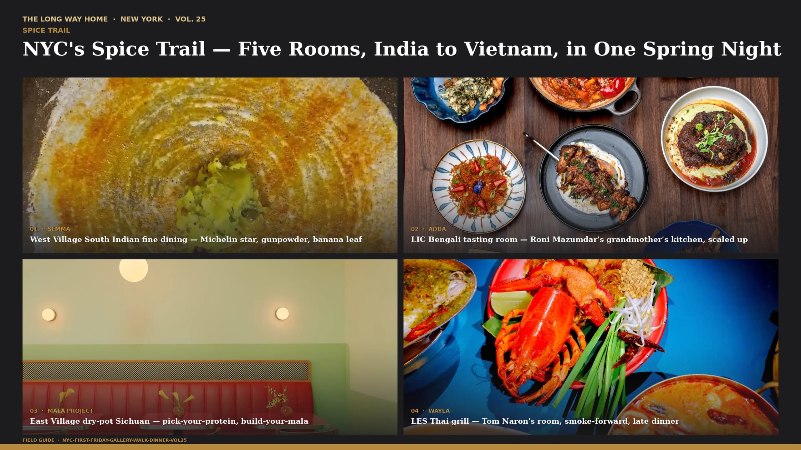 Vol.25 cover: NYC's Spice Trail — Five Rooms, India to Vietnam, in One Spring Night — four NYC rooms in a 2x2 grid (landscape, 4 panes).
