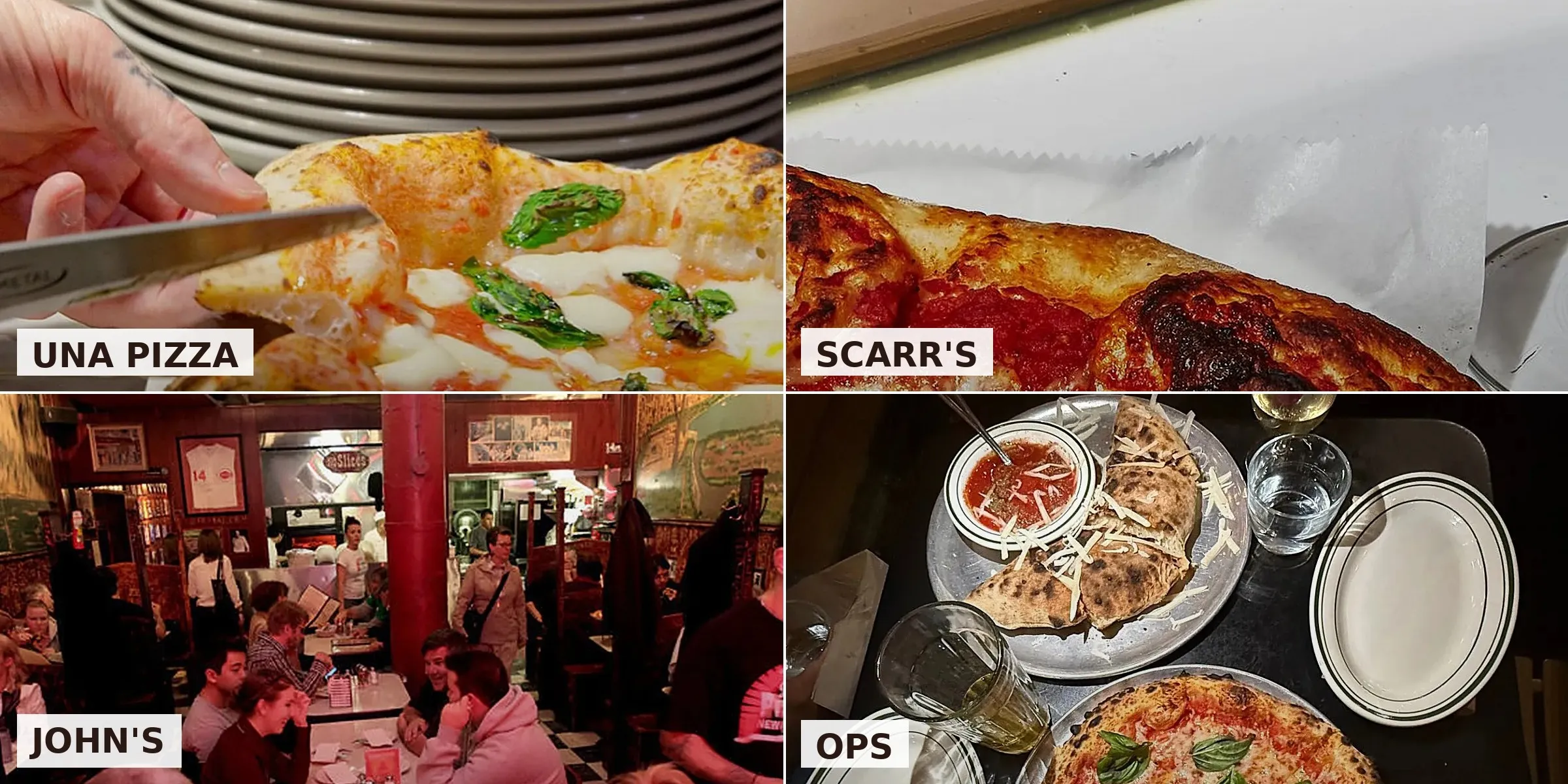 Photo cover: Una Pizza, Scarr's, John's of Bleecker, Ops — four of the five NYC pizza shortlist.