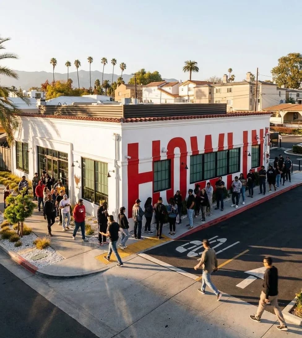 Exterior of a hot chicken spot in Chinatown, Los Angeles, with a line forming outside