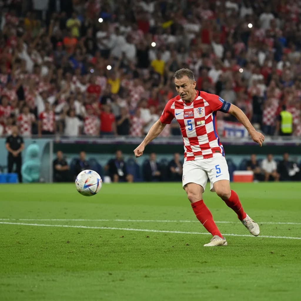 A Croatia veteran spraying a pass in the checkered jersey during World Cup 2026