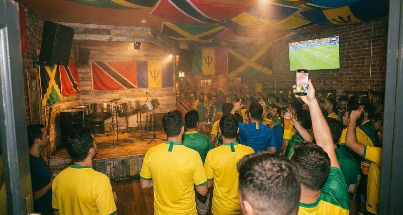 A Crown Heights Caribbean Bar During the FIFA World Cup 2026, Steel Pan Before Kickoff scene