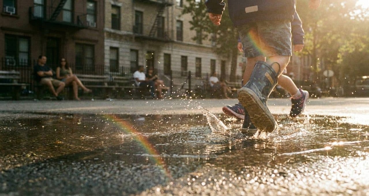 The Crown Heights Playground at 7PM When the Sprinklers Turn On - scene