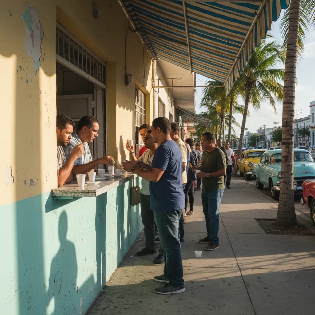 People leaning on a ventanita walk-up coffee window counter on Calle Ocho in Little Havana, Miami, holding tiny espresso cups in morning light