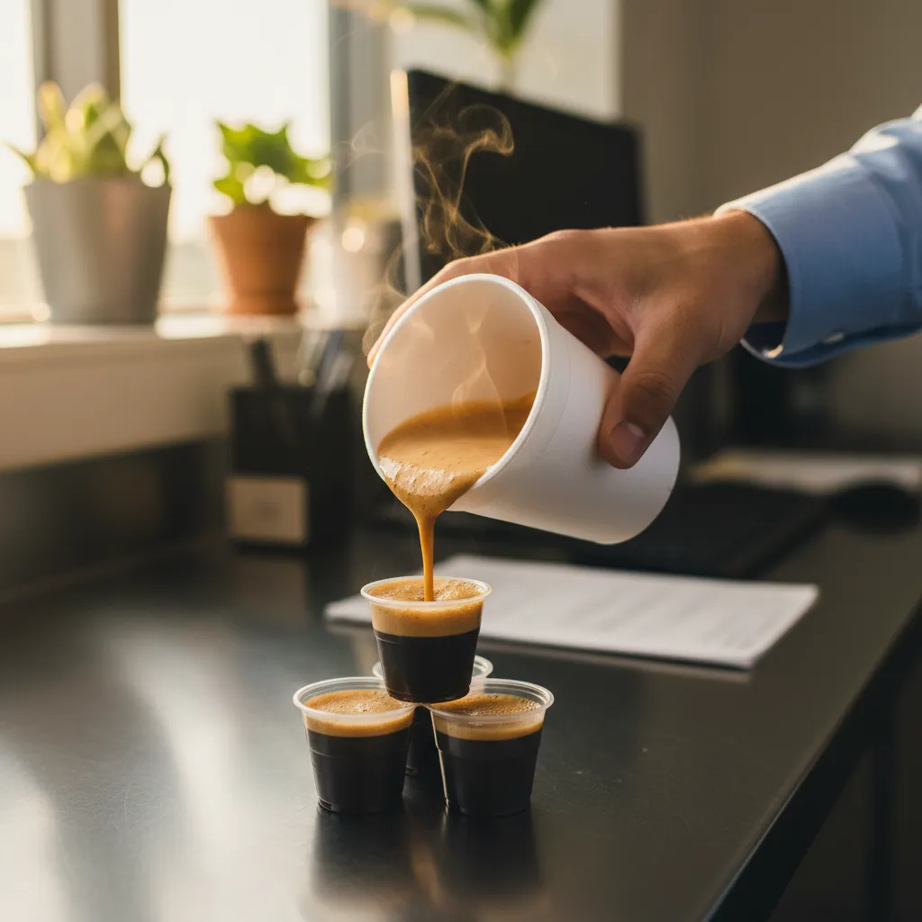 Cuban colada in a styrofoam cup with golden espumita foam being poured into small plastic thimble cups on a metal counter