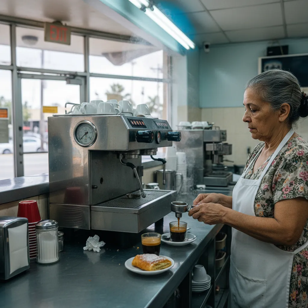 Counterwoman pulling a cortadito at a chrome espresso machine inside an old Cuban cafeteria in Miami, glass cup of coffee with steamed milk on a saucer