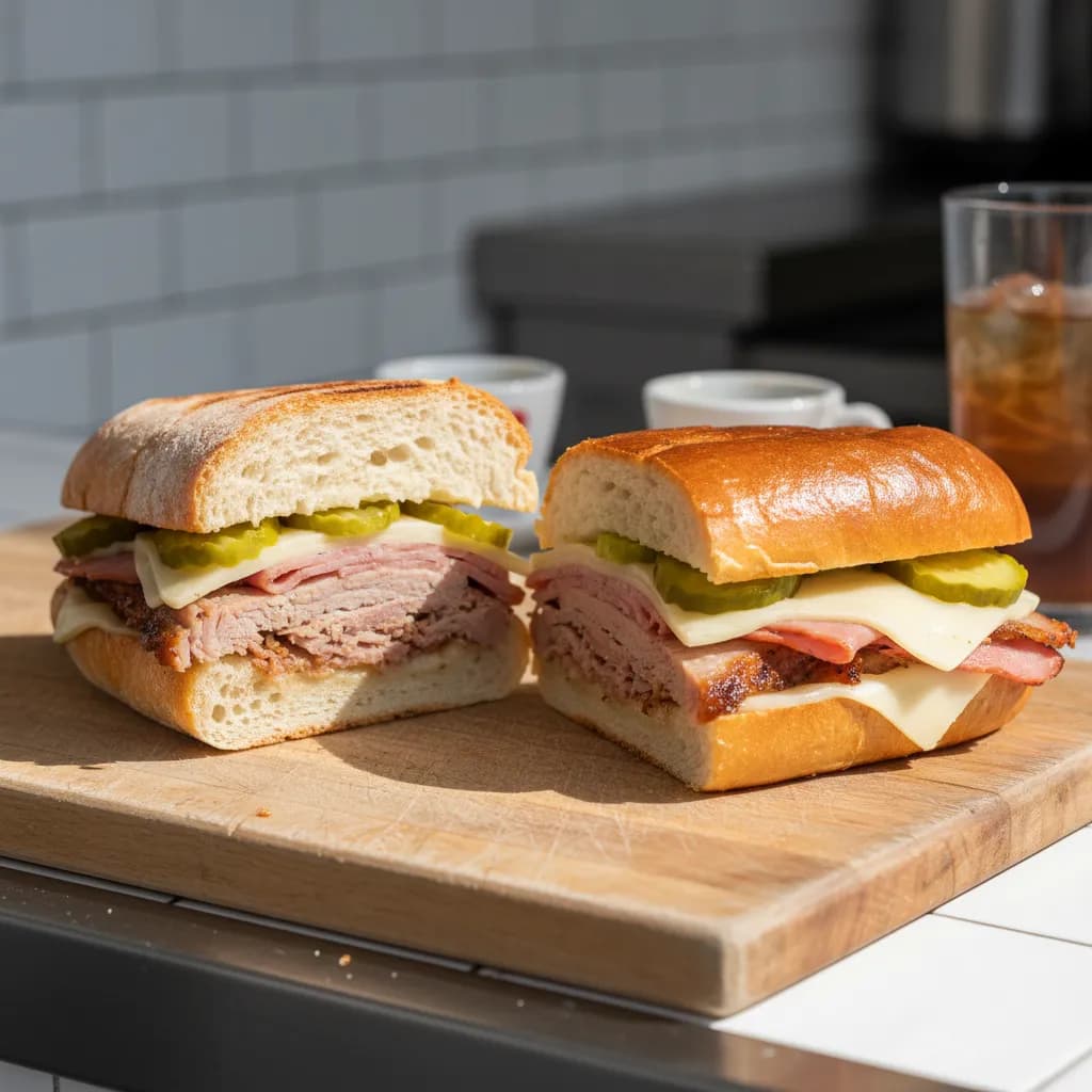A crusty pressed Cuban sandwich and a soft golden medianoche cut open side by side showing pork, ham, Swiss and pickles