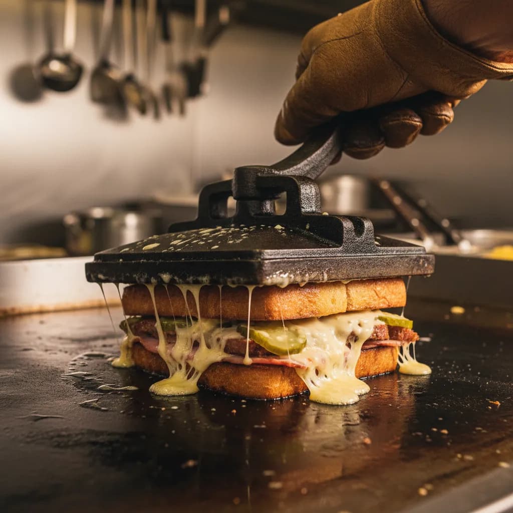 Cast-iron plancha pressing a Cuban sandwich on a flat-top with melted cheese escaping the crusty bread