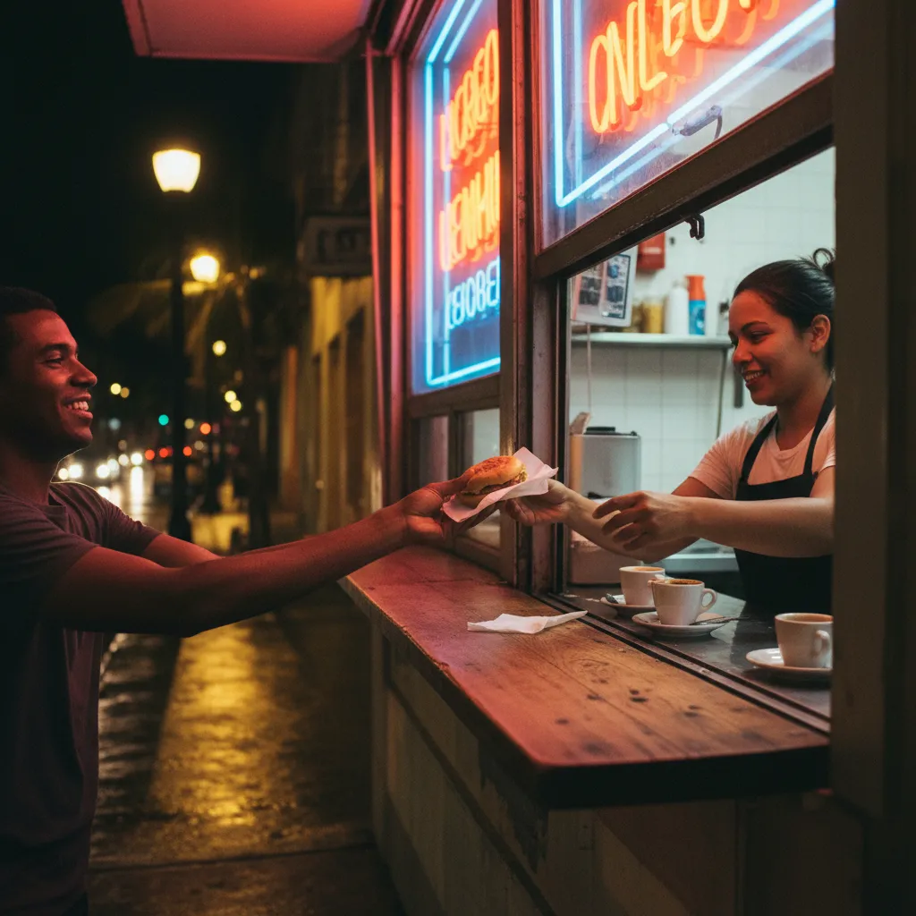 Walk-up ventanita cafe window in Little Havana at night with a wrapped pressed sandwich and small Cuban coffees on the counter