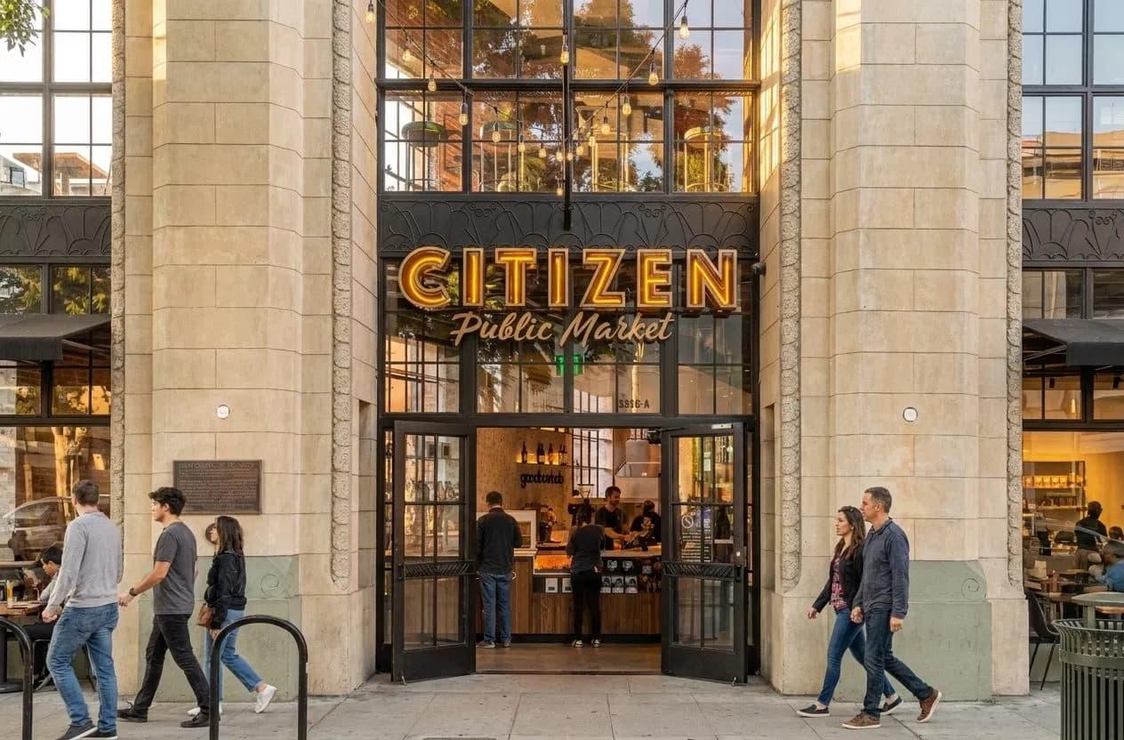 Historic Culver City food hall exterior with pedestrians entering at golden hour