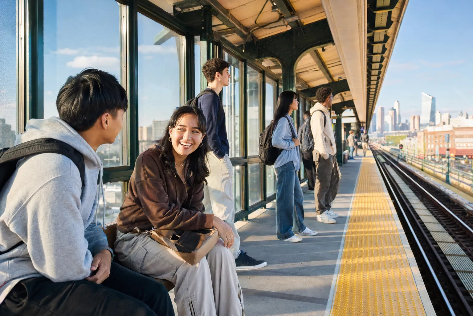 CUNY commute transfer at bright elevated train platform