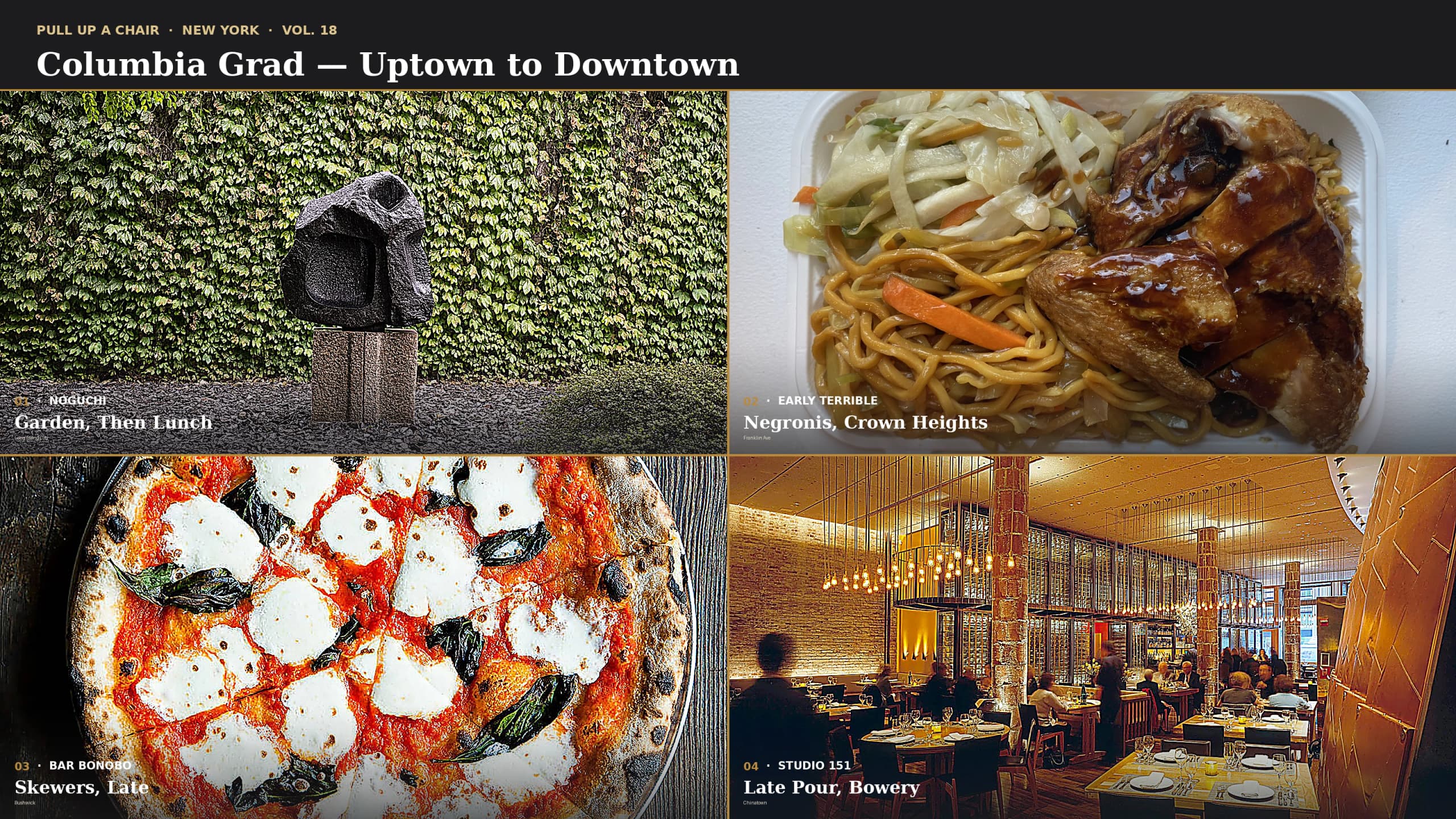 Pull Up A Chair · NYC Vol. 18 — Columbia Grad — Uptown to Downtown. Editorial cover quadrants: The Noguchi Museum, Early Terrible, Bar Bonobo, Studio 151.