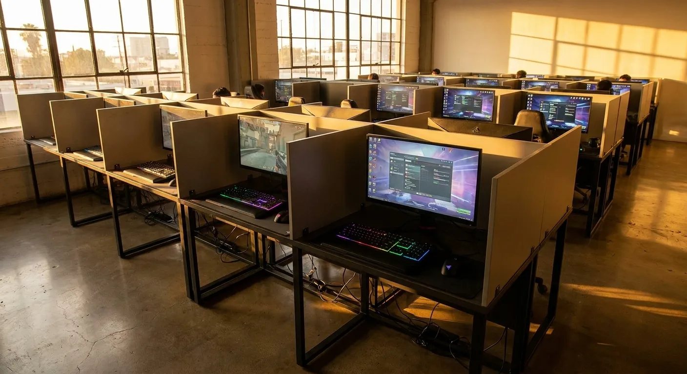 Rows of gaming stations with RGB keyboards and large monitors inside Cyber City Esports Center on Wilshire Boulevard