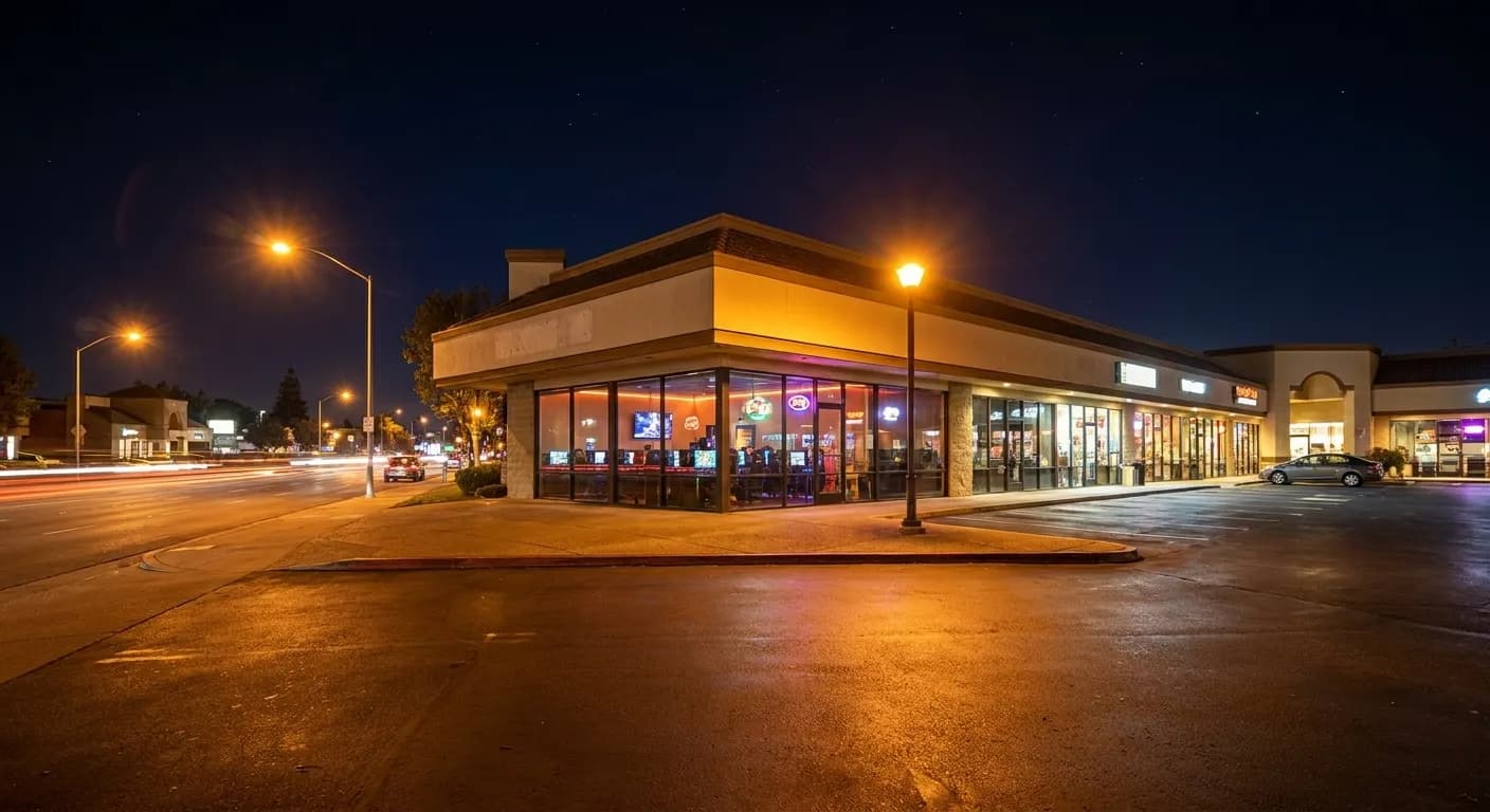 Illuminated storefront of Cyber Racoon PC café on El Camino Real in Santa Clara during evening hours