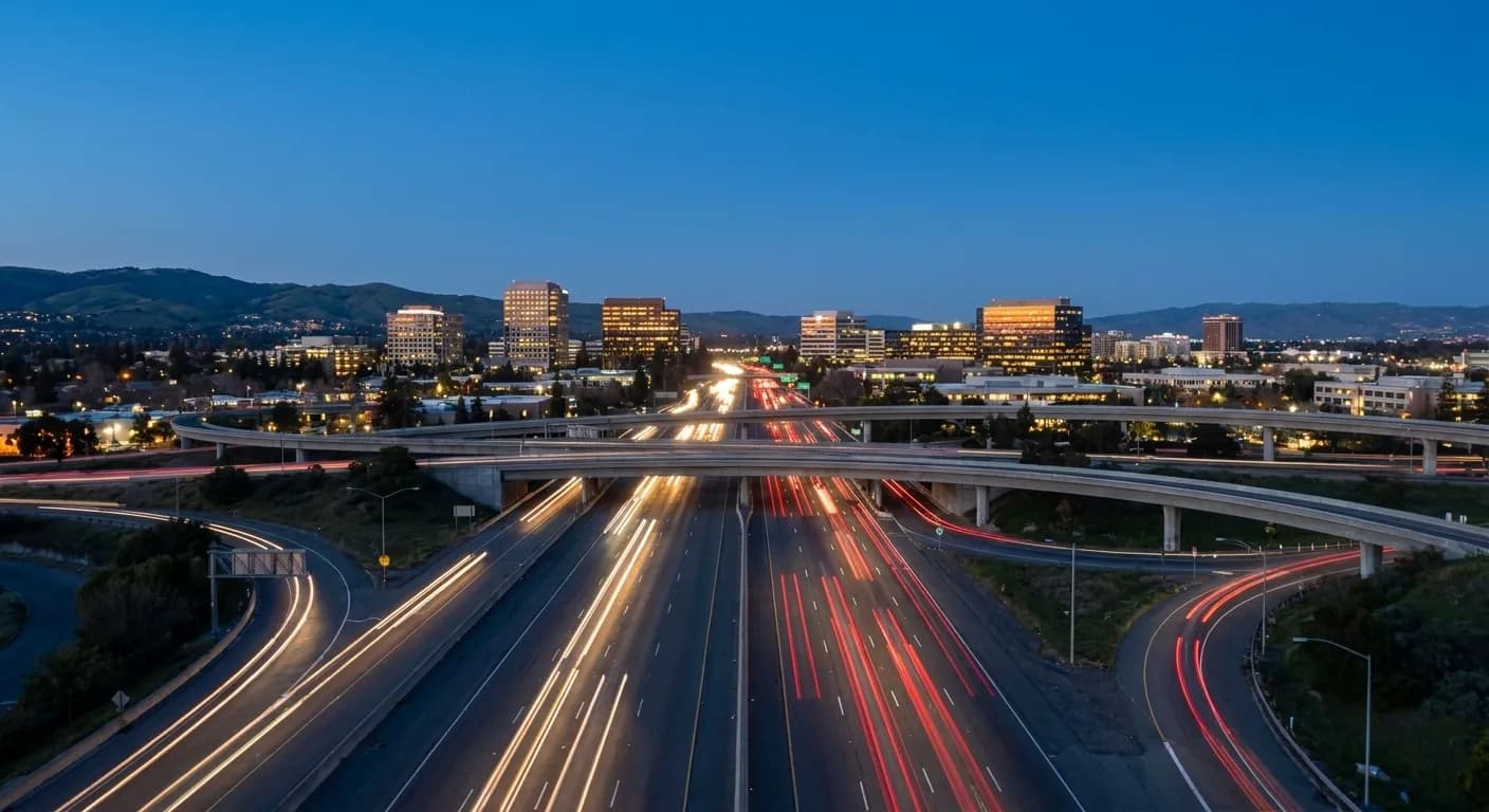 Evening view of Highway 101 approaching Santa Clara from San Francisco with Silicon Valley lights visible
