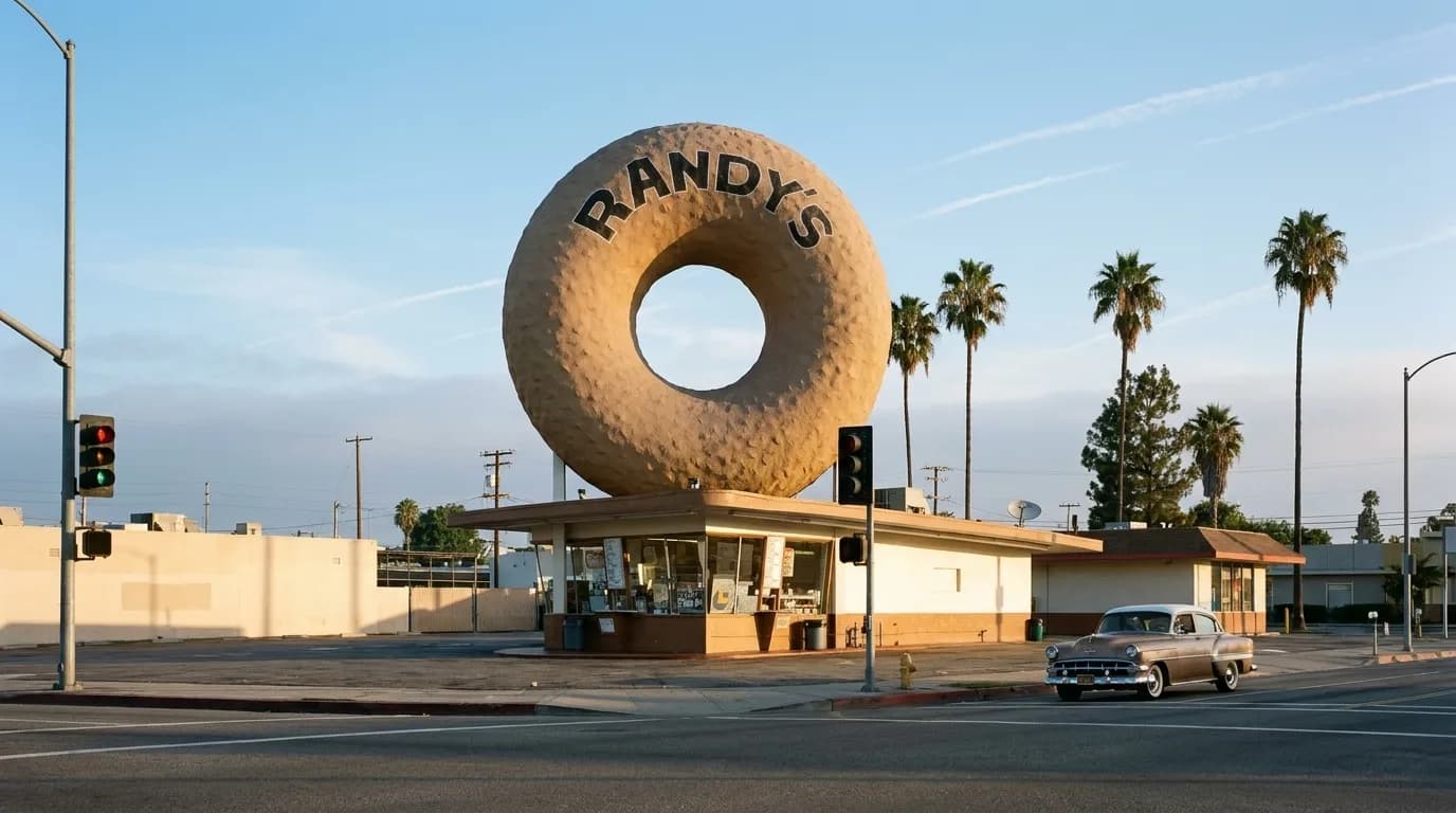 Giant rooftop donut sculpture above a small 1950s shop on Manchester Boulevard in Inglewood at sunrise