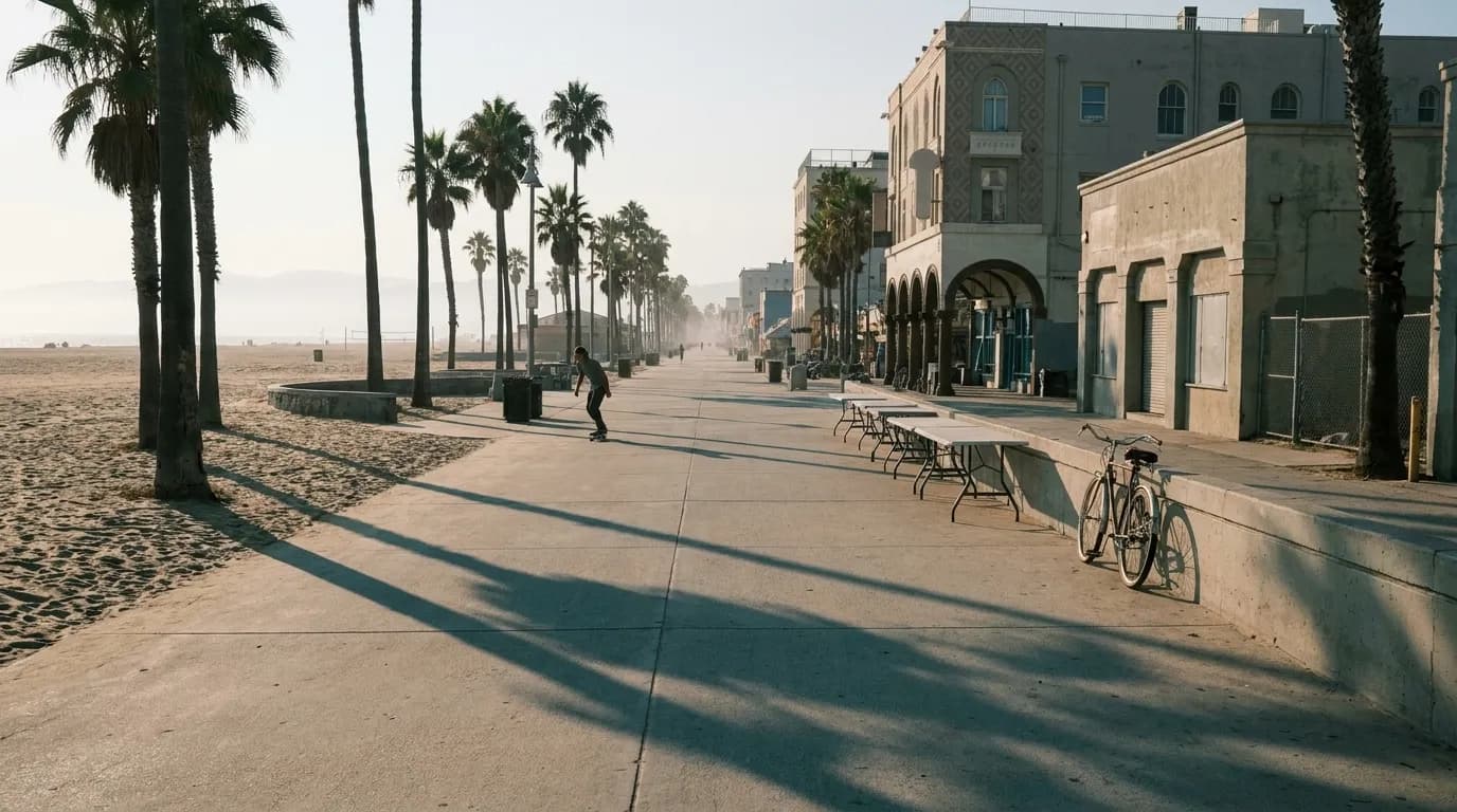 Venice Beach boardwalk in Los Angeles in late afternoon light with palm shadows across the concrete promenade
