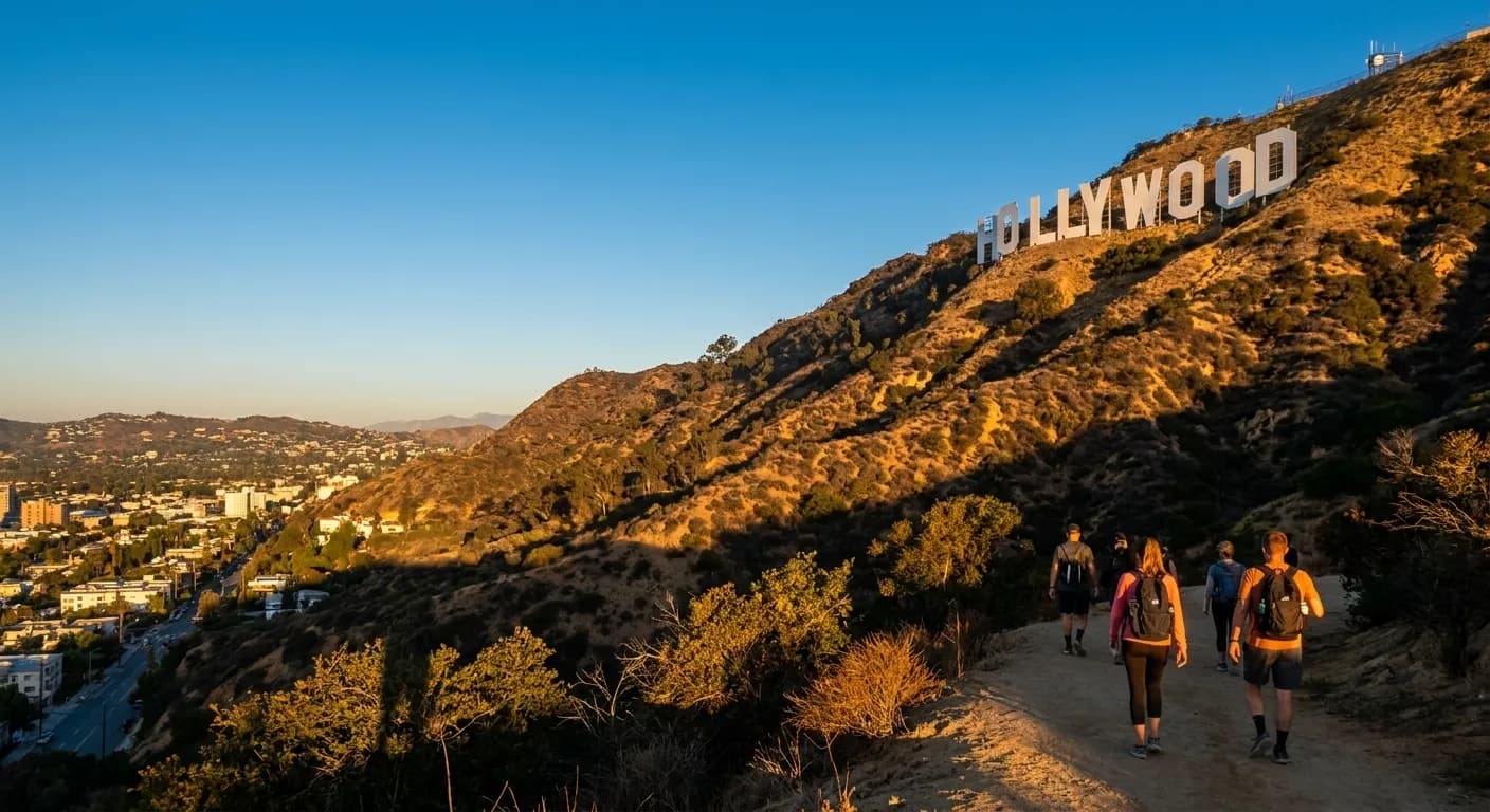 Hollywood Sign on Mount Lee viewed from Griffith Park trail in early morning light