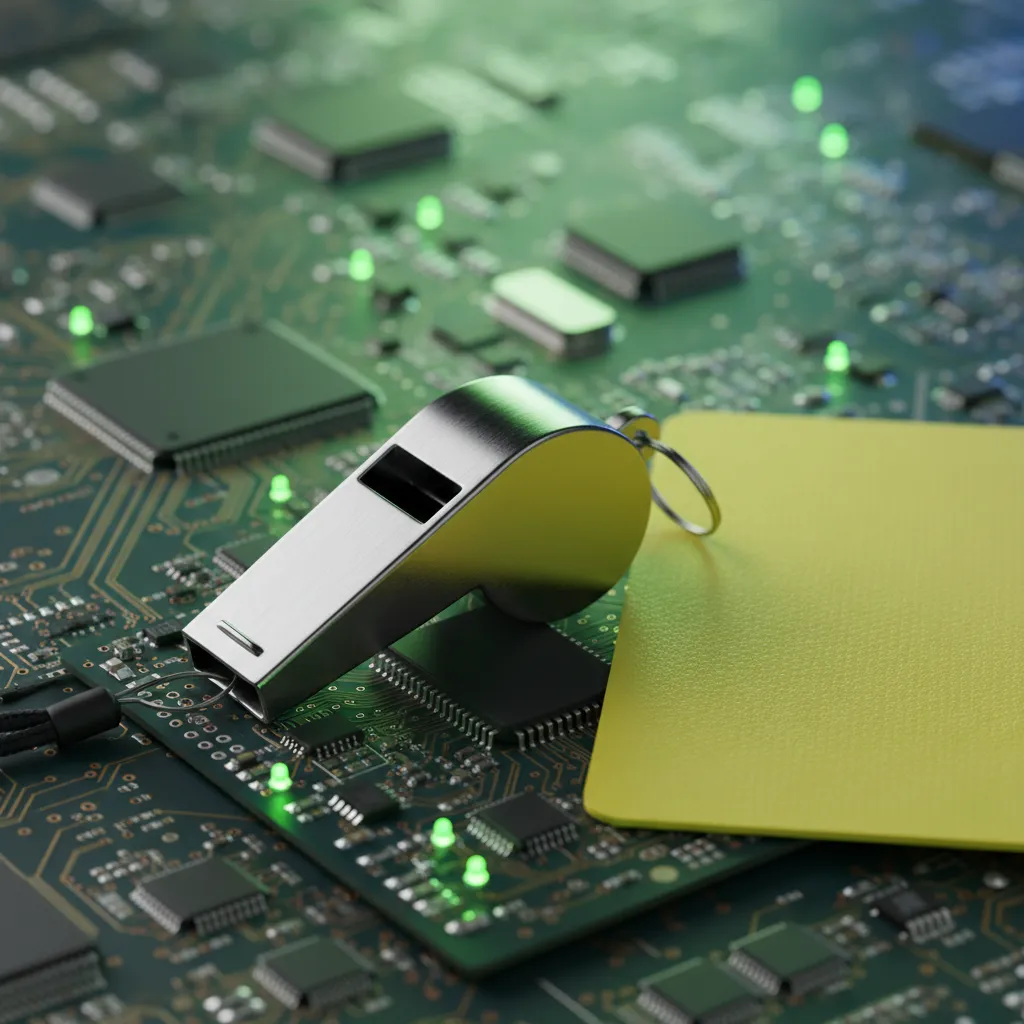 A referee whistle and yellow card lie on a green circuit board with LED lights and copper traces
