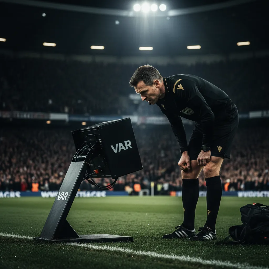 A referee reviewing a VAR decision on a pitchside monitor at World Cup 2026