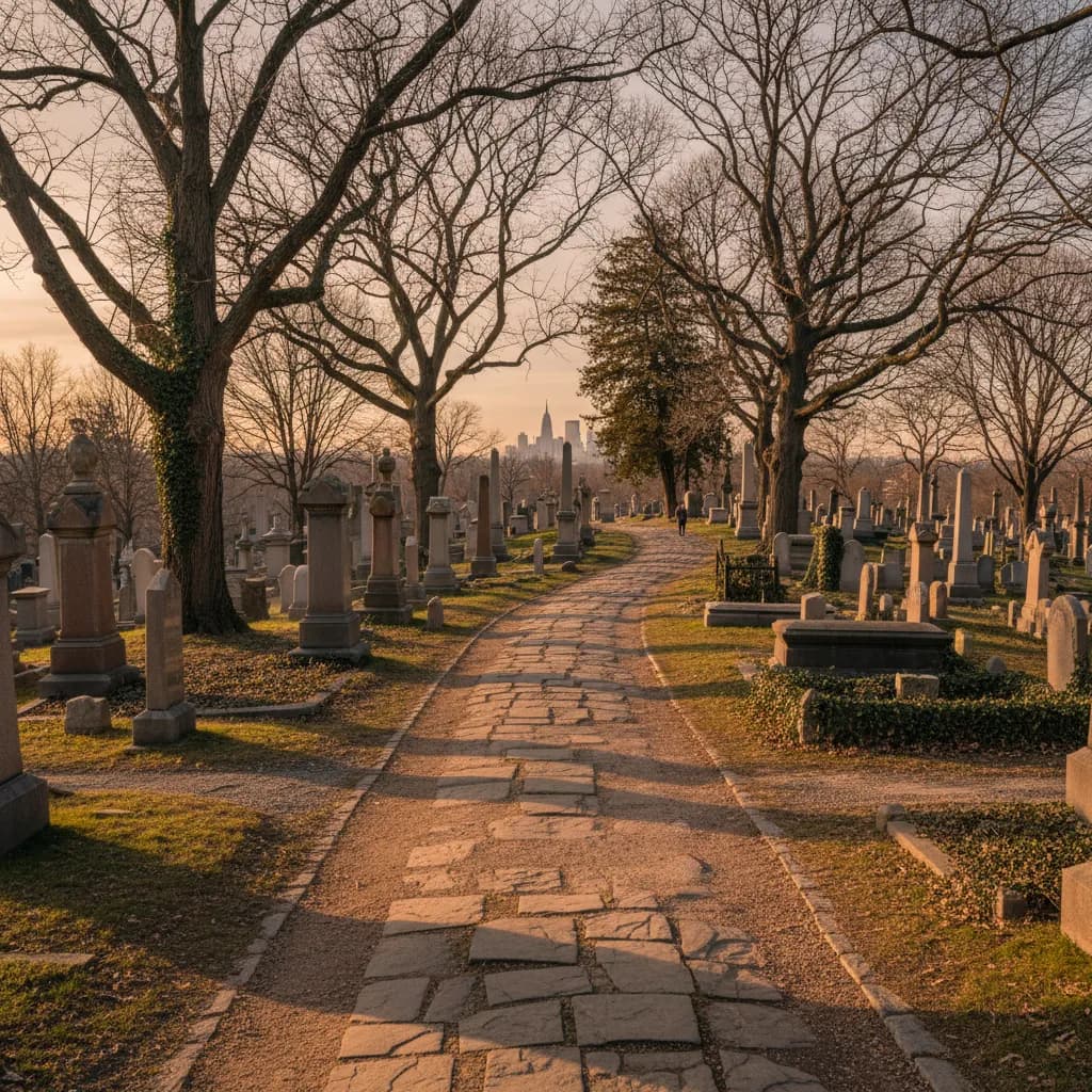 Editorial-style realistic scene inspired by Cypress Hills Cemetery in New York.