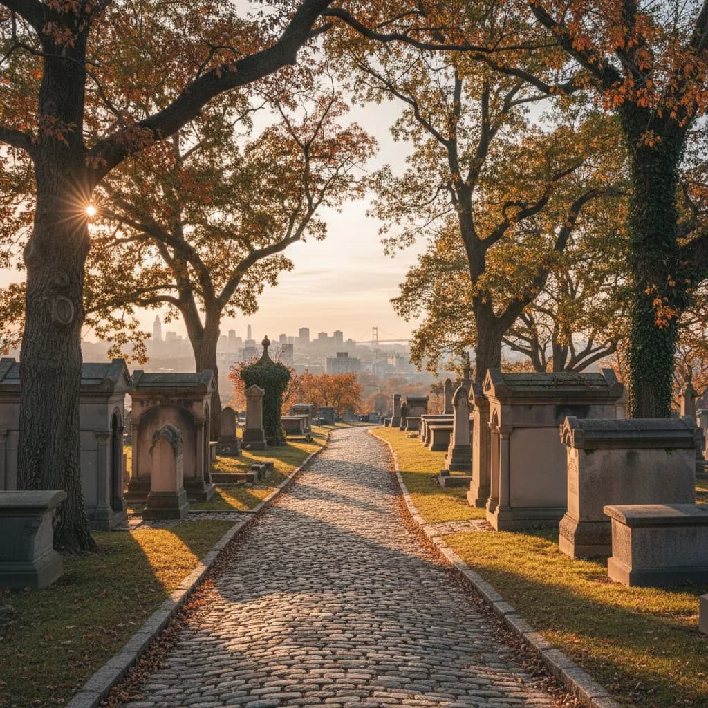 Editorial-style detail scene for Cypress Hills Cemetery in New York.