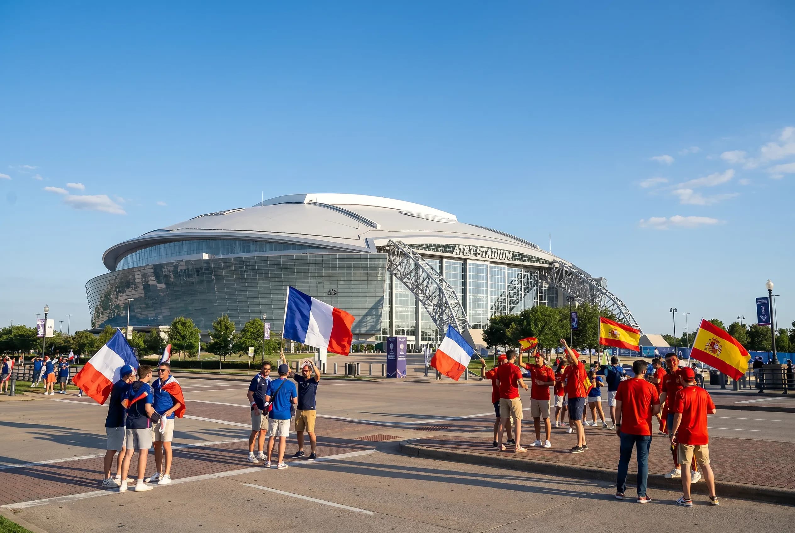France and Spain supporters arriving outside the Arlington stadium under a bright Texas sky.