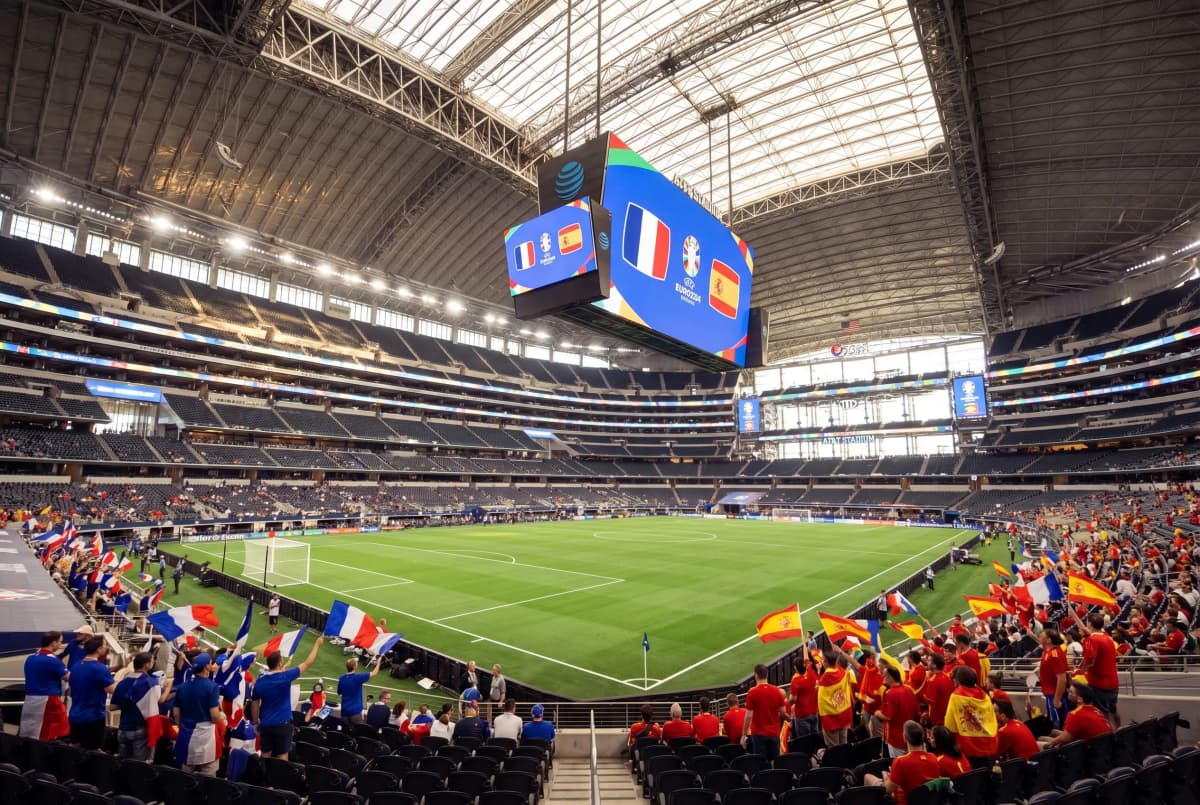 A soccer pitch and colorful France and Spain supporters inside the Arlington stadium.