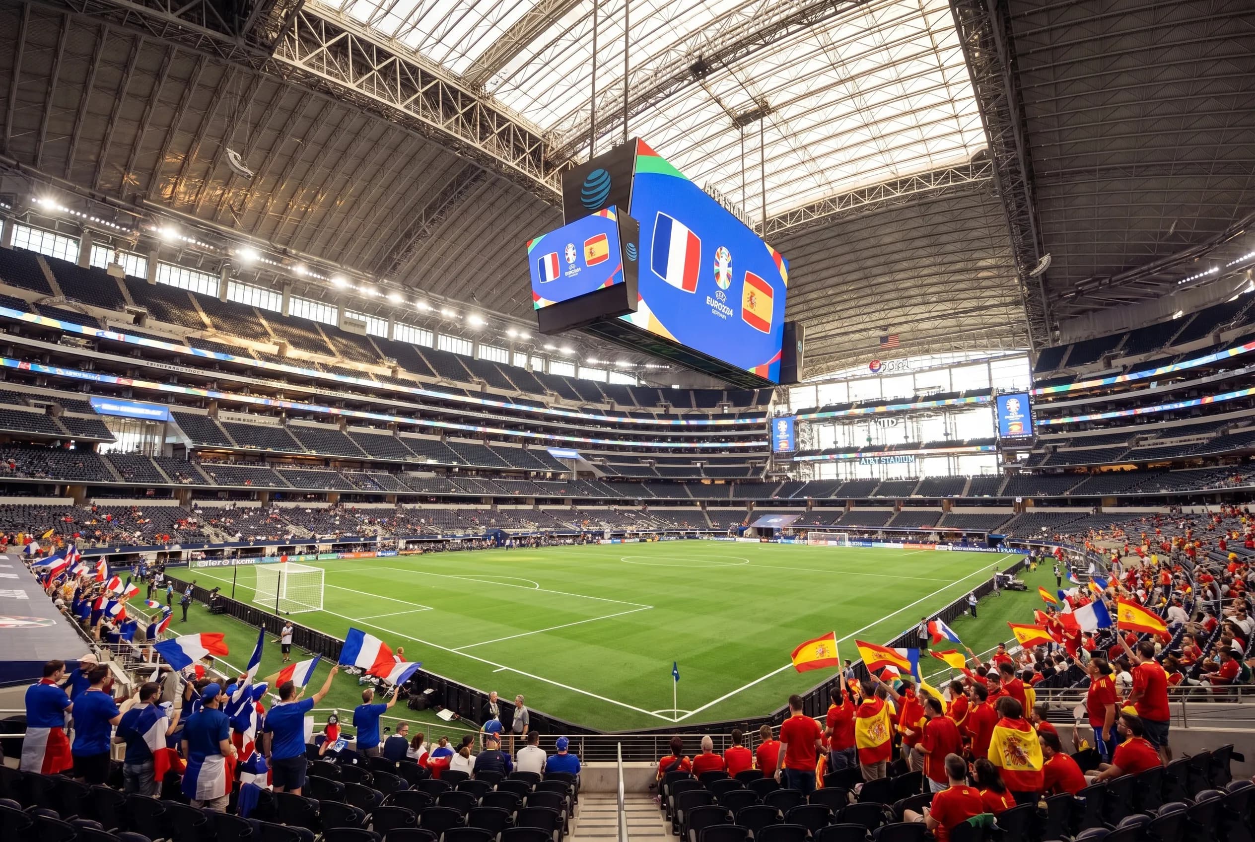 A soccer pitch and colorful France and Spain supporters inside the Arlington stadium.