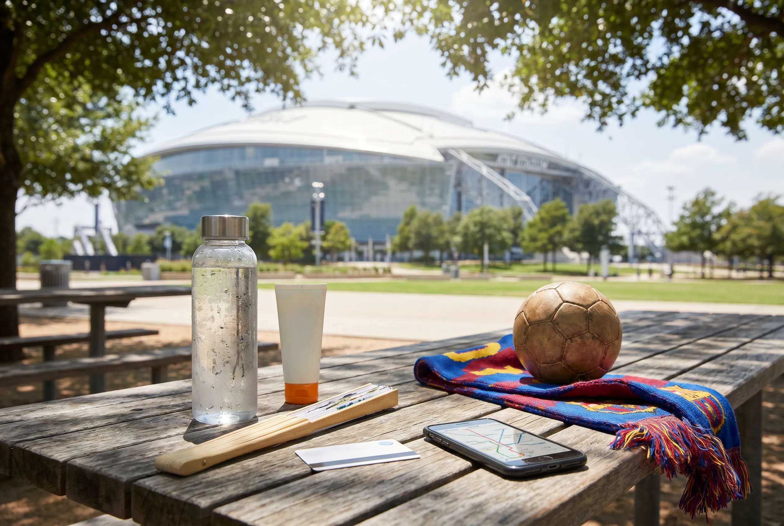 Water, sunscreen, a phone route and supporter scarf on a shaded table near the Arlington stadium.