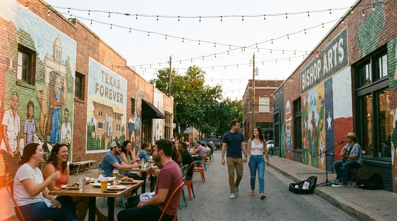 Bishop Arts District at dusk with mural-covered brick buildings and string lights