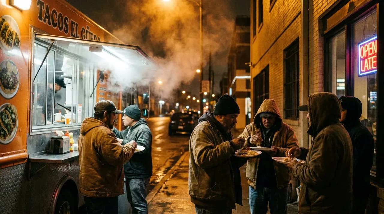 A late-night taco truck on a Dallas side street with steam rising from the flat-top grill