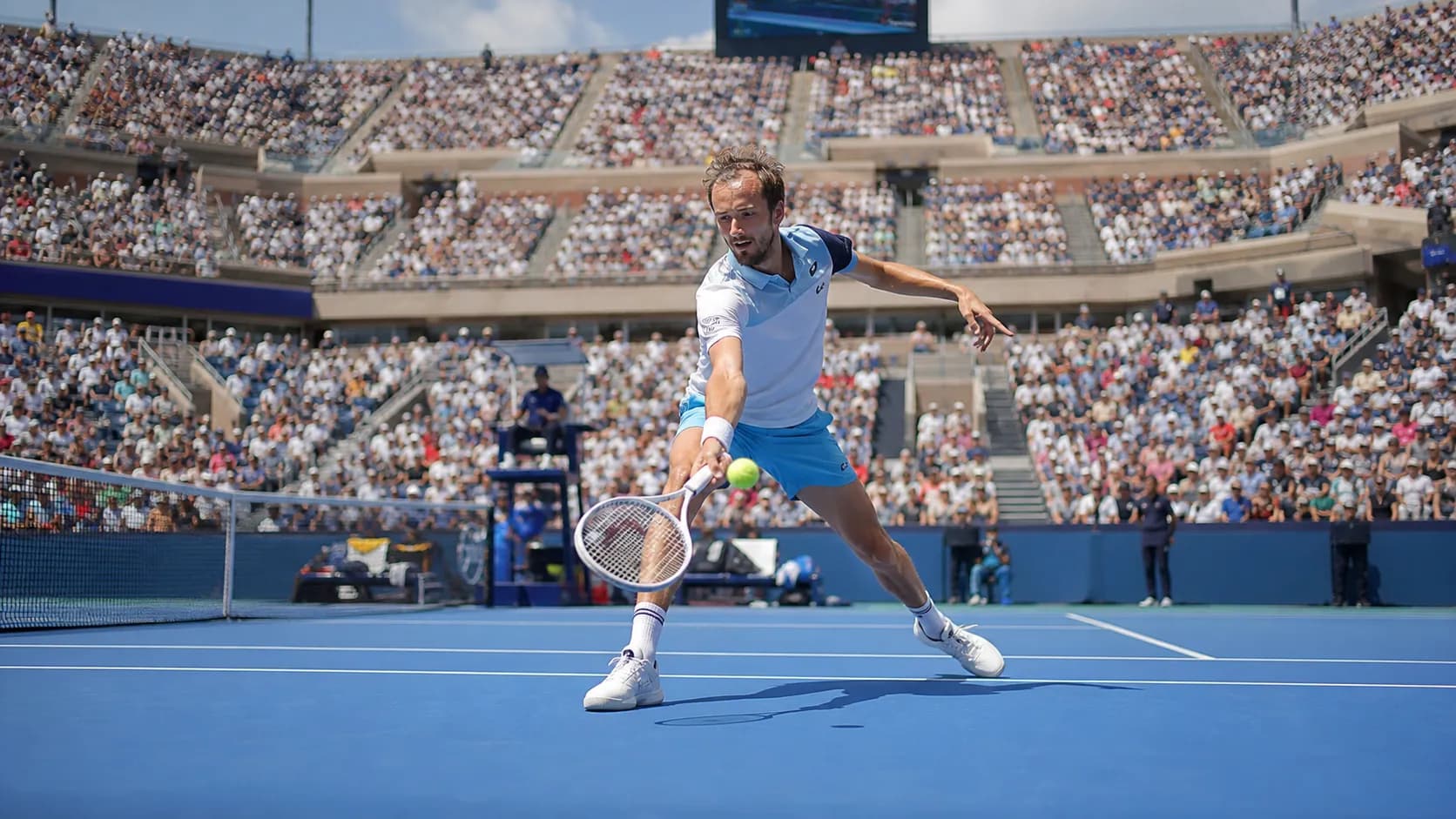 Photorealistic US Open tennis scene for Daniil Medvedev’s New York Experience Still Makes Him Dangerous.