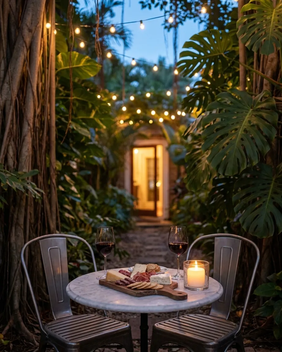 A marble table for two with red wine and a shared board in a walled tropical Miami garden at dusk under strings of small bulbs