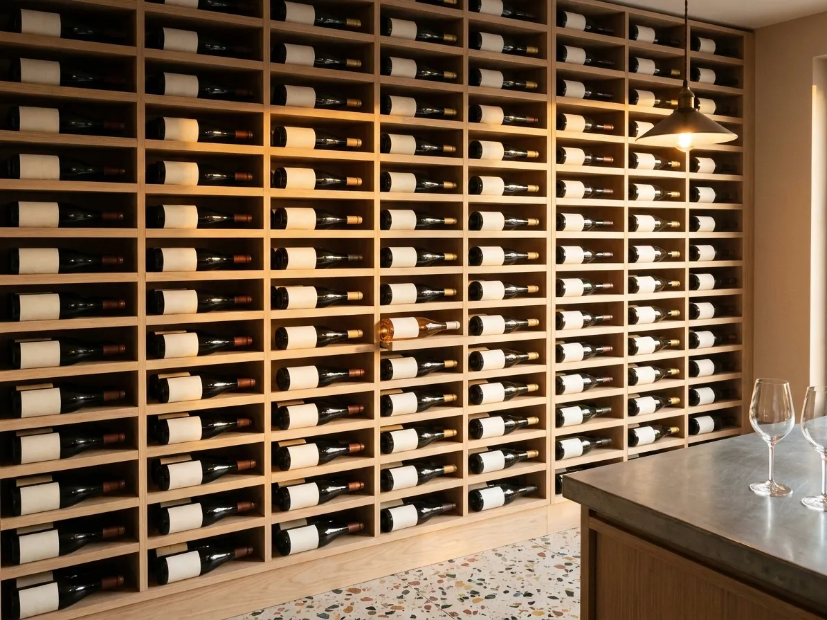 A pale timber bottle wall in a small Miami wine bar lit warmly from one side, one bottle pulled halfway out above a zinc counter