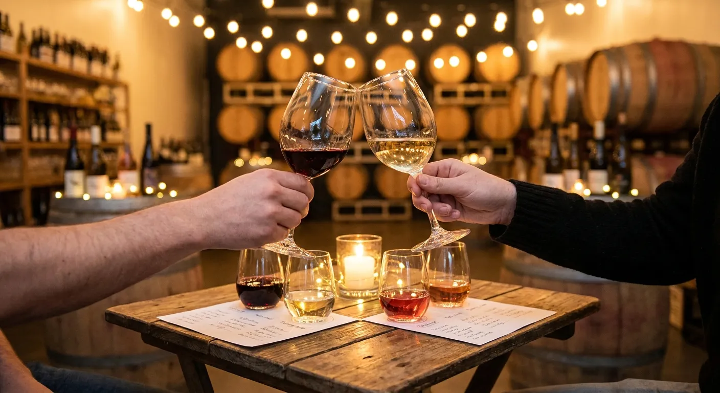 Two people clinking wine glasses over a candlelit tasting table with warm bokeh lights behind them