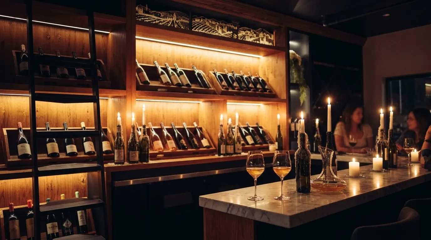 A small candlelit wine bar interior with a marble counter, open bottles on a shelf behind and two glasses poured on the bar top