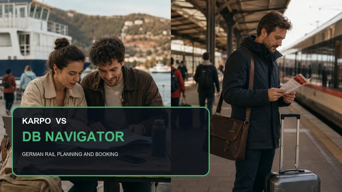 Karpo versus DB Navigator in a photorealistic editorial comparison.