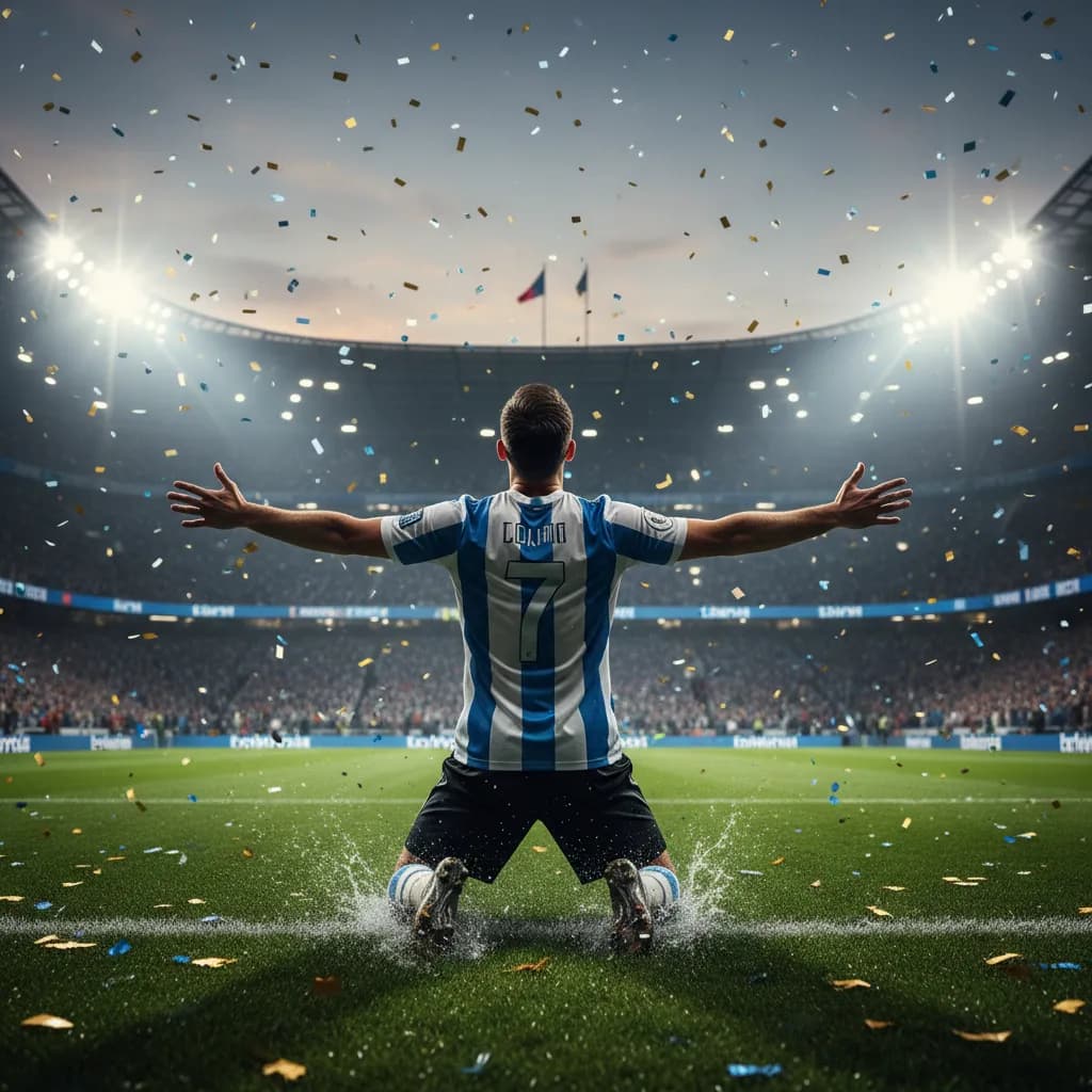A soccer player celebrates by sliding on his knees after scoring a World Cup goal