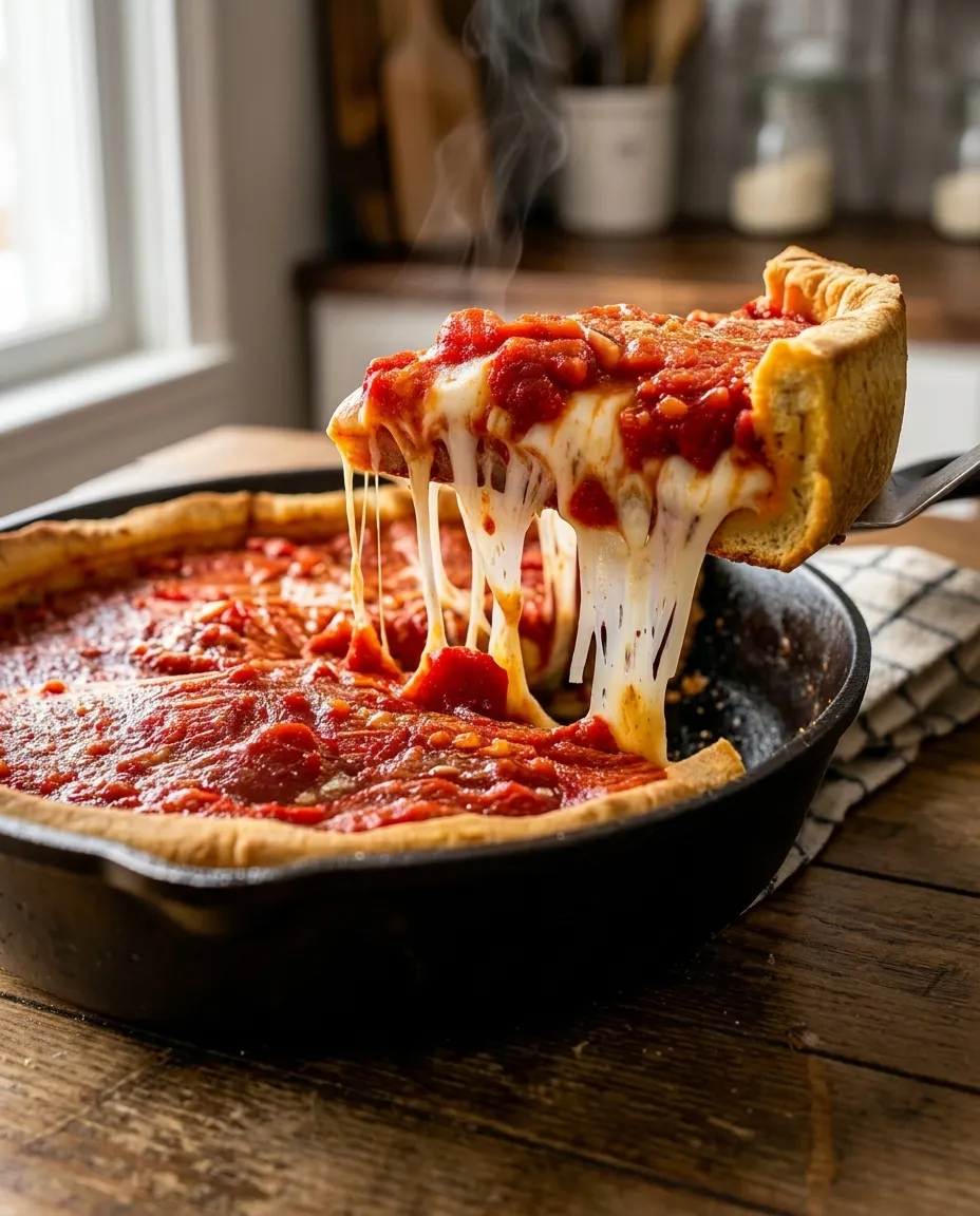 Deep dish pizza in a cast-iron pan with a slice lifted mid cheese pull on a wooden table